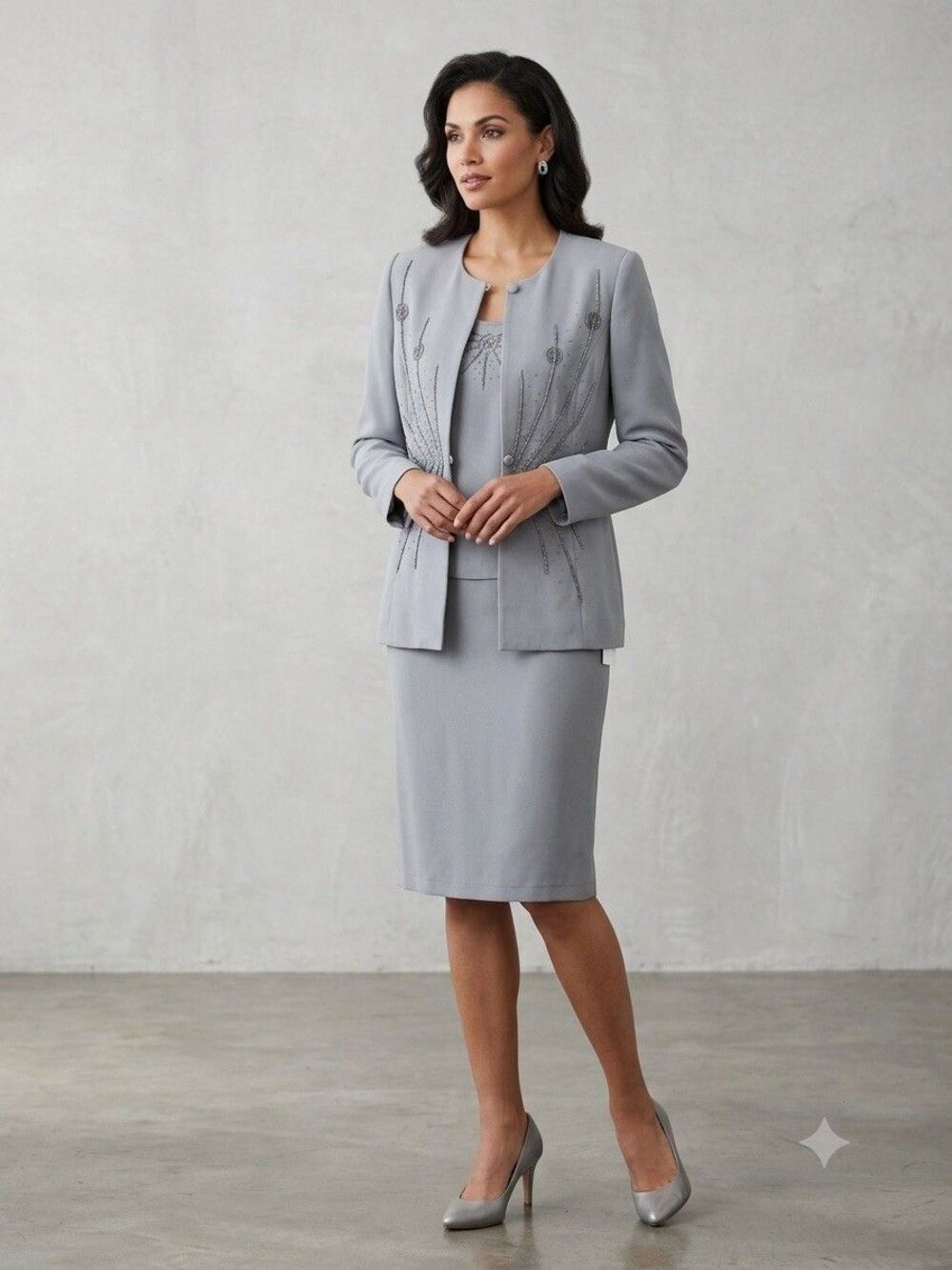 Maxie Klein Skirt Suit Set 3pc Sequin Beaded Grey Womens Sz 12 Formal Event New